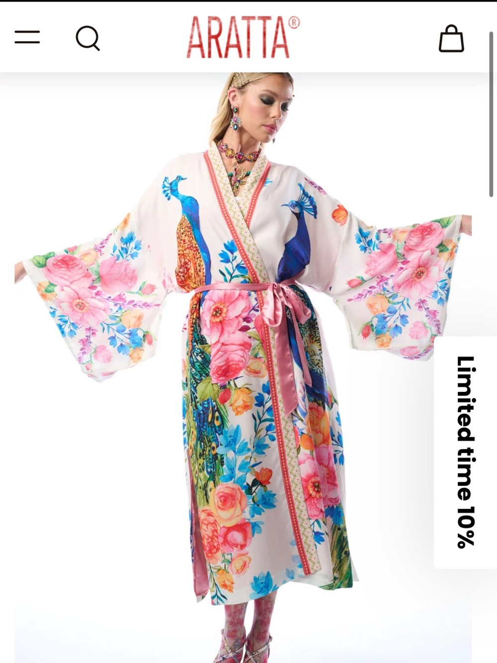 NWT Aratta Silent Journey- Blossom Fantasy Kimono- White Peacock
